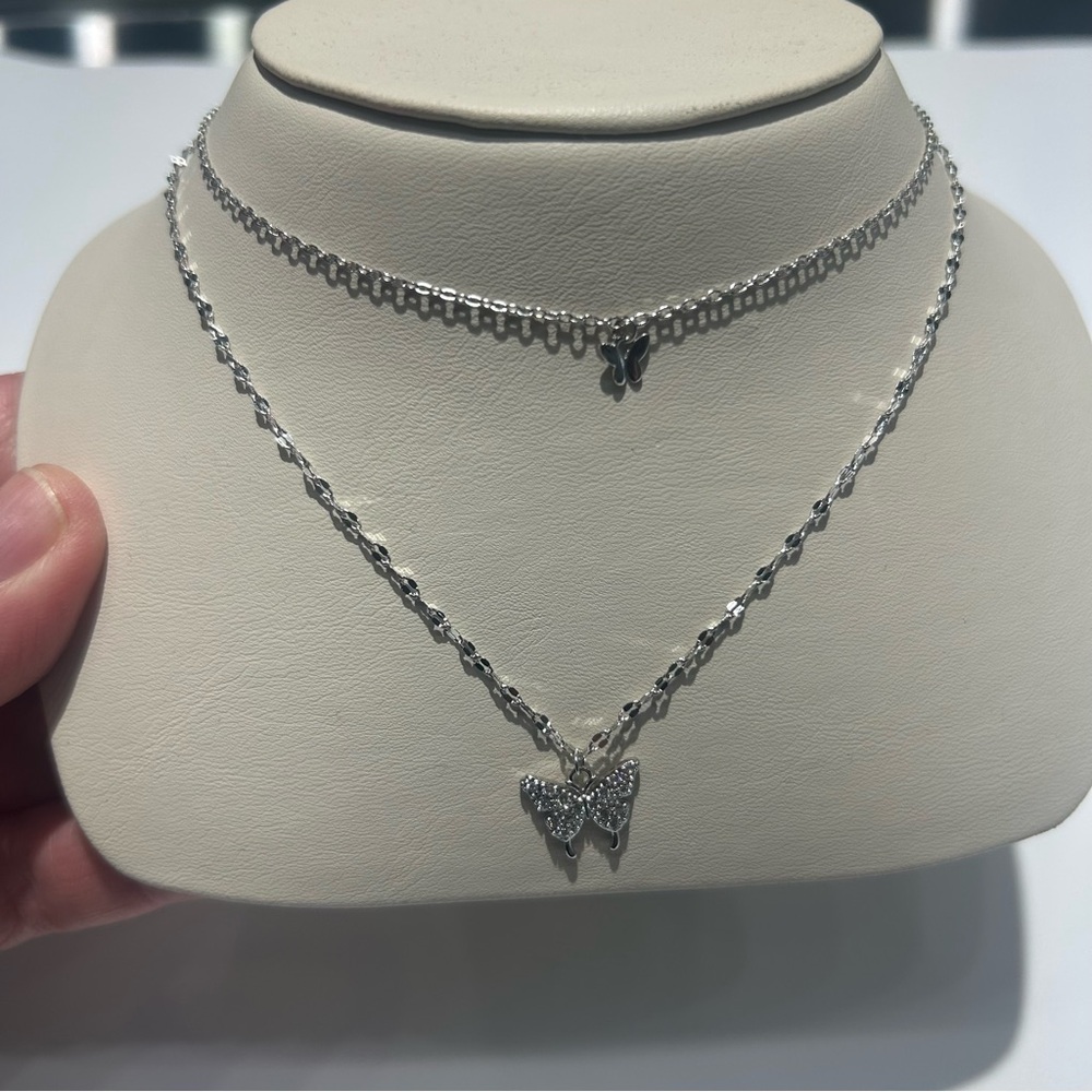Silver Butterfly Pendant Necklace Set